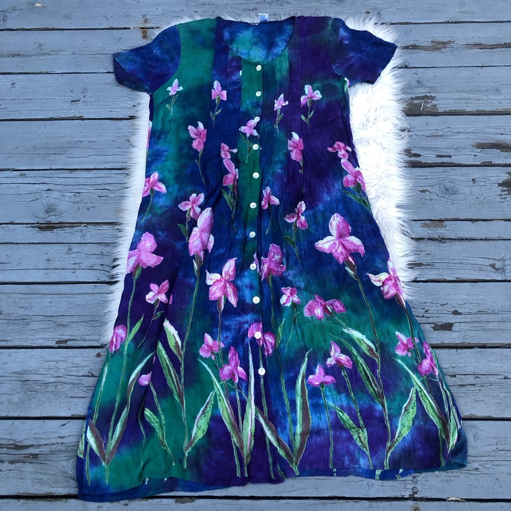 La Cera Floral Garden Orchid Print Rayon Button Down Blue Midi Dress size M/L